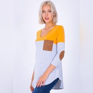 Color Block V- Neck with pocket and elbow patches 3/4 sleeves